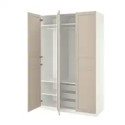 IKEA Pax kledingkast: lichtbeige, hoog, rechthoekig Open deuren die planken en rails onthullen aanbieding
