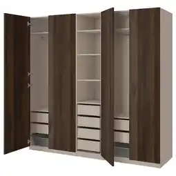 IKEA Pax notenhouten kledingkast, vier deuren open met planken en lades aanbieding