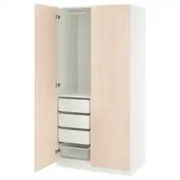 IKEA Toont een open beige pax kledingkast met meerdere planken en lades aanbieding
