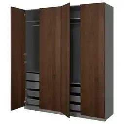 IKEA Een open donkerbruine ikea pax kledingkast met planken en lades aanbieding