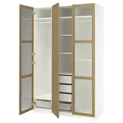 IKEA Witte pax kledingkast met eikenhouten bekleding, glazen deuren open, met planken en lades aanbieding