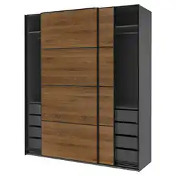 IKEA Pax / mehamn Kledingkast met schuifdeuren, donkergrijs zwart/tweezijdig walnoot, 200x66x236 cm aanbieding