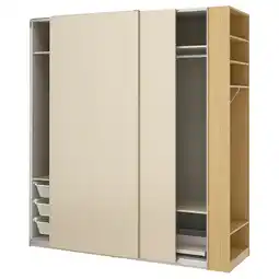 IKEA Pax / hasvik Kledingkast met schuifdeuren, grijsbeige grijsbeige/eikenpatroon, 220x66x236 cm aanbieding