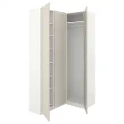 IKEA Een gebroken witte ikea pax kledingkast met open deuren die planken onthullen en een kledingroede aanbieding