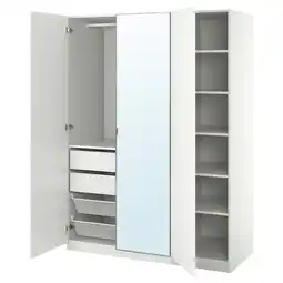IKEA Een open witte pax kledingkast met meerdere opbergvakken, lades en een spiegel aanbieding