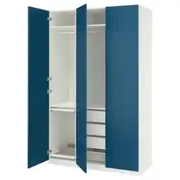 IKEA Open blauw-witte kledingkast, pax, met planken en lades, gaasmand aanbieding