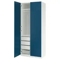 IKEA Pax kledingkast: hoge blauw-witte kast, getextureerde deuren, lades, planken aanbieding