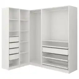 IKEA Witte pax garderobeset met open planken en uittrekbare dienbladen, modern minimalistisch design aanbieding