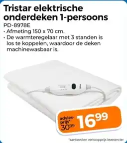 Trekpleister Tristar elektrische onderdeken 1-persoons aanbieding