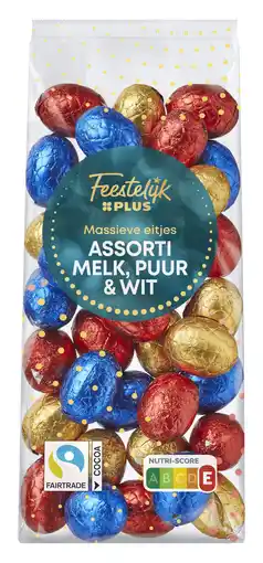 PLUS Feestelijk PLUS Paaseitjes Melk Puur Wit massief FT aanbieding