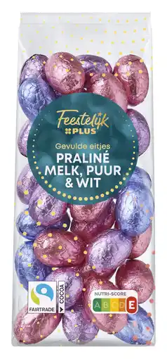 PLUS Feestelijk PLUS Paaseitjes melk puur wit praliné aanbieding