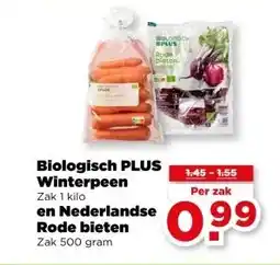 PLUS Biologisch PLUS Winterpeen Zak 1 kilo en Nederlandse Rode bieten Zak 500 gram aanbieding