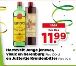 PLUS Hartevelt Jonge jenever, vieux en berenburg Fles 100 cl en Juttertje Kruidenbitter Fles 70 cl aanbieding