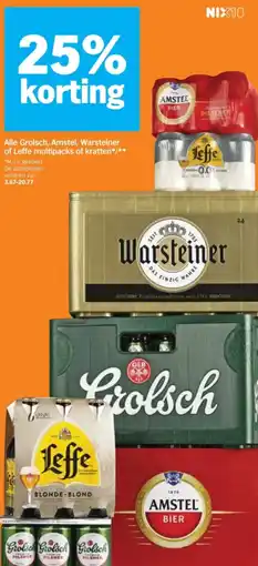 Albert Heijn Alle Grolsch, Amstel, Warsteiner of Leffe multipacks of kratten aanbieding
