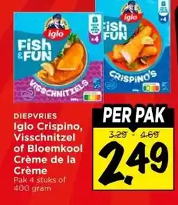 Vomar Voordeelmarkt DIEPVRIES Iglo Crispino, Visschnitzel of Bloemkool Crème de la Crème aanbieding
