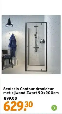 GAMMA Sealskin Contour draaideur met zijwand Zwart 90x200cm aanbieding