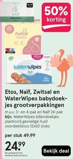Etos Etos, Naïf, Zwitsal en WaterWipes babydoek- jes grootverpakkingen aanbieding