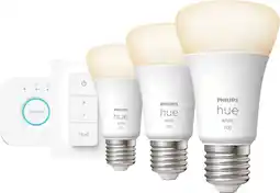 Coolblue Philips Hue White Starter Pack E27 met 3 lampen, dimmer + Bridge aanbieding