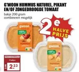 MCD Supermarkt G'WOON HUMMUS NATUREL, PIKANT EN/OF ZONGEDROOGDE TOMAAT aanbieding