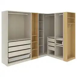 IKEA Pax Hoekkledingkast, grijsbeige grijsbeige/eikenpatroon, 245/180x201 cm aanbieding