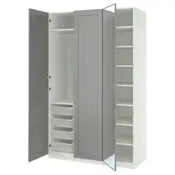 IKEA Witte pax kledingkast met grijze deuren en gespiegeld midden, open met planken en laden aanbieding