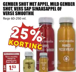 De Boerenschuur Gember shot met appel, mild gember shot, vers sap sinaasappel of verse smoothie aanbieding