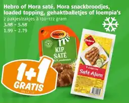 Poiesz Hebro of mora saté, mora snackbroodjes, loaded topping, gehaktballetjes of loempia's aanbieding