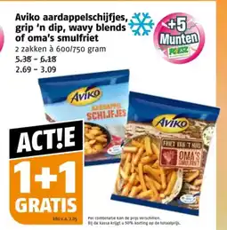 Poiesz Aviko aardappelschijfjes, grip 'n dip, wavy blends of oma's smulfriet aanbieding