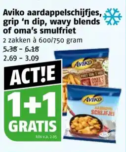 Poiesz Aviko aardappelschijfjes, grip 'n dip, wavy blends of oma's smulfriet aanbieding