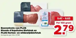 PLUS Boerentrots van PLUS Blonde d'Aquitaine Biefstuk en PLUS Herten en wildzwijnbiefstuk aanbieding