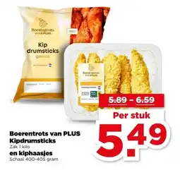 PLUS Boerentrots van PLUS Kipdrumsticks en kiphaasjes aanbieding