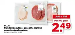 PLUS PLUS Runderrookvlees, gerookte kipfilet en gebakken beenham aanbieding