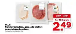 PLUS PLUS Runderrookvlees, gerookte kipfilet en gebakken beenham aanbieding