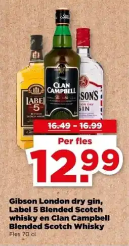 PLUS Gibson London dry gin, Label 5 Blended Scotch whisky en Clan Campbell Blended Scotch Whisky aanbieding