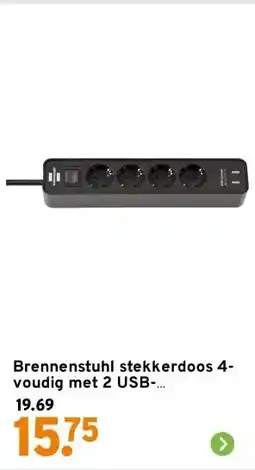 GAMMA Brennenstuhl stekkerdoos 4-voudig met 2 USB-aansluitingen en schakelaar zwart 1,5 meter aanbieding