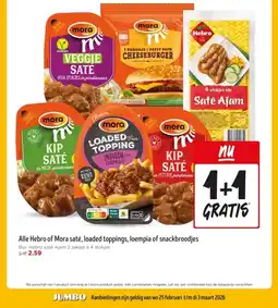 Jumbo Alle Hebro of Mora saté, loaded toppings, loempia of snackbroodjes aanbieding