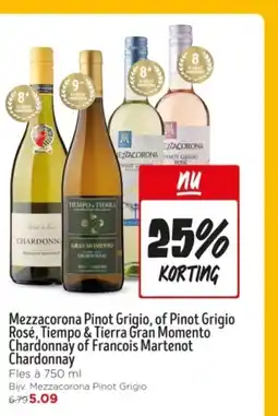Jumbo Mezzacorona Pinot Grigio, of Pinot Grigio Rosé, Tiempo & Tierra Gran Momento Chardonnay of Francois Martenot Chardonnay aanbieding