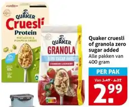 Hoogvliet Quaker cruesli of granola zero sugar added aanbieding
