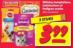 Nettorama Whiskas temptations, Catisfactions of Pedigree snacks aanbieding