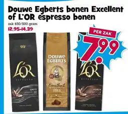 Boon`s Markt Douwe Egberts bonen Excellent of L'OR espresso bonen aanbieding