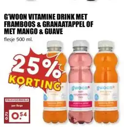 MCD Supermarkt G'WOON VITAMINE DRINK MET FRAMBOOS & GRANAATAPPEL OF MET MANGO & GUAVE aanbieding