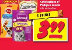 Nettorama Whiskas temptations, Catisfactions of Pedigree snacks alle varianten aanbieding