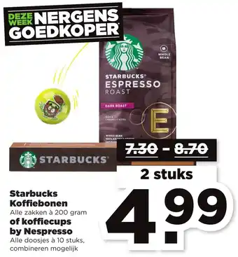 PLUS Starbucks Koffiebonen 200g of koffiecups by Nespresso 10 stuks aanbieding
