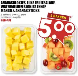 De Boerenschuur Ananasblokjes, luxe fruitsalade, watermeloen blokjes en/of mango & ananas sticks aanbieding