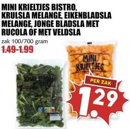 De Boerenschuur Mini krieltjes bistro, krulsla melange, eikenbladsla melange, jonge bladsla met rucola of met veldsla aanbieding