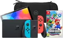 Coolblue Nintendo Switch OLED Blauw/Rood + Super Mario Bros. Wonder + BlueBuilt Beschermhoes aanbieding