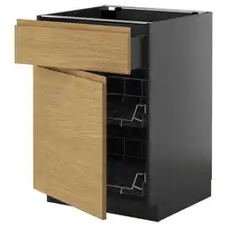 IKEA Moderne keukenkast met open lade en planken, voorzien van hout met eikeneffect en zwarte zijkanten aanbieding