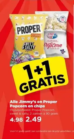 PLUS Alle Jimmy's en Proper Popcorn en chips aanbieding
