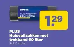 PLUS PLUS Huisvuilzakken met trekband 60 liter aanbieding