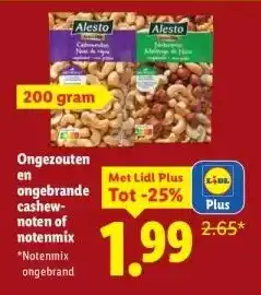 Lidl Ongezouten ongebrande cashew- noten of notenmix aanbieding